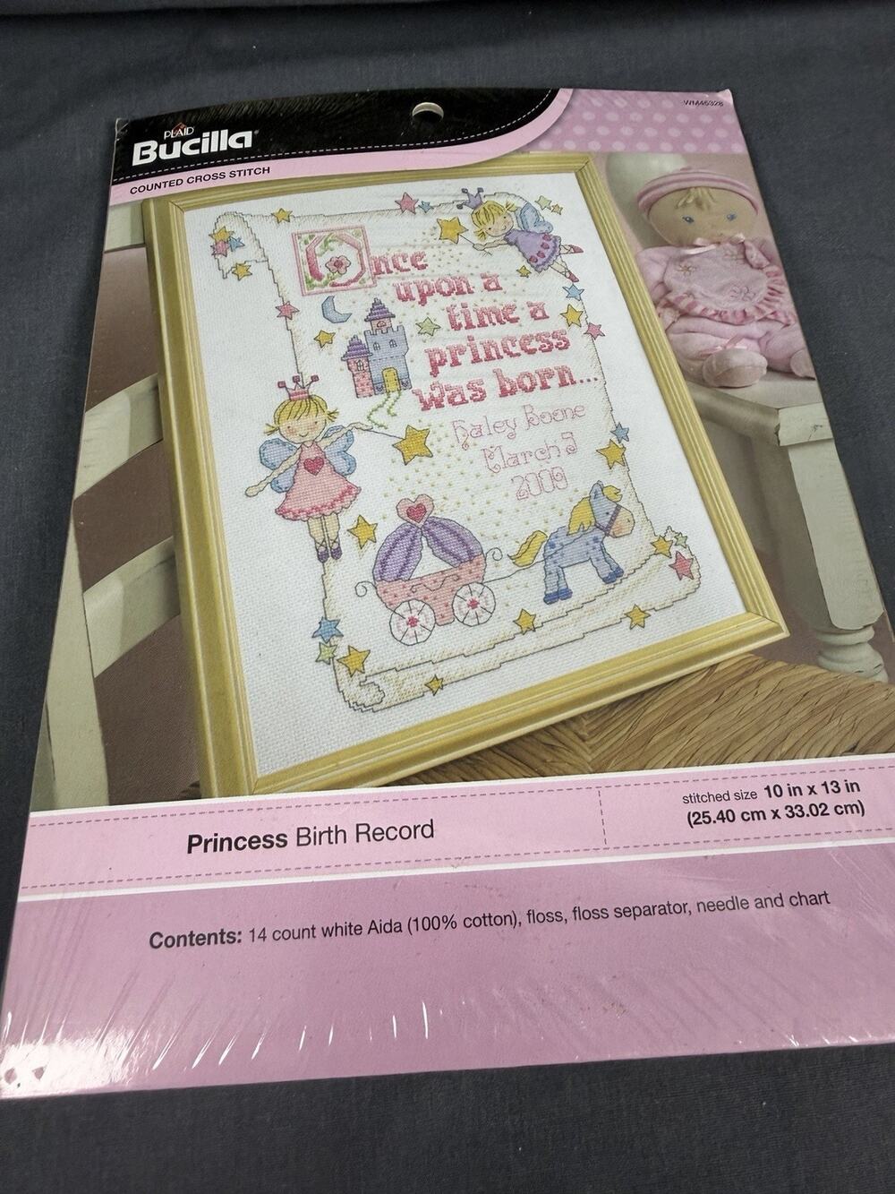 Counted Cross Stitch Birth Record Kit, 10 by 13-Inch, 45328 Princess Bucilla